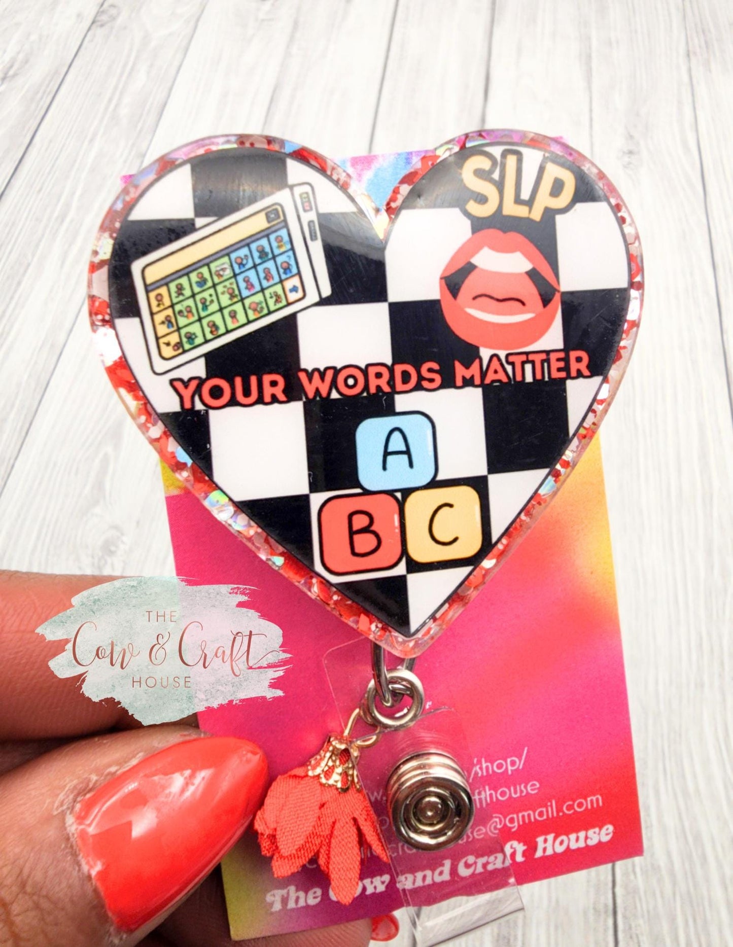 Glitter Heart SLP Badge Reel | Speech Language Pathologist Gift