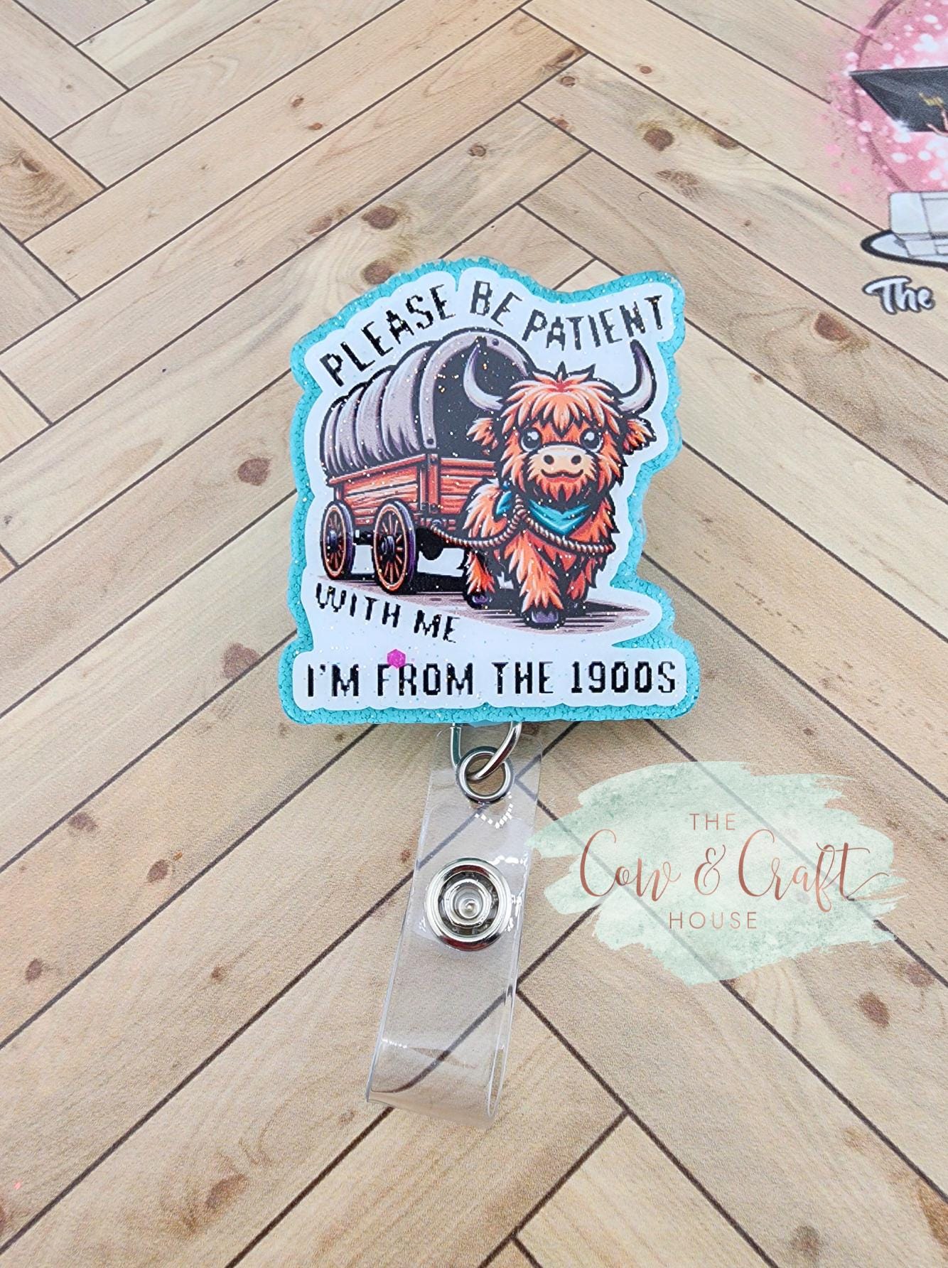 Funny Highland Cow Nurse Badge Reel – Turquoise Glitter Swivel ID Holder