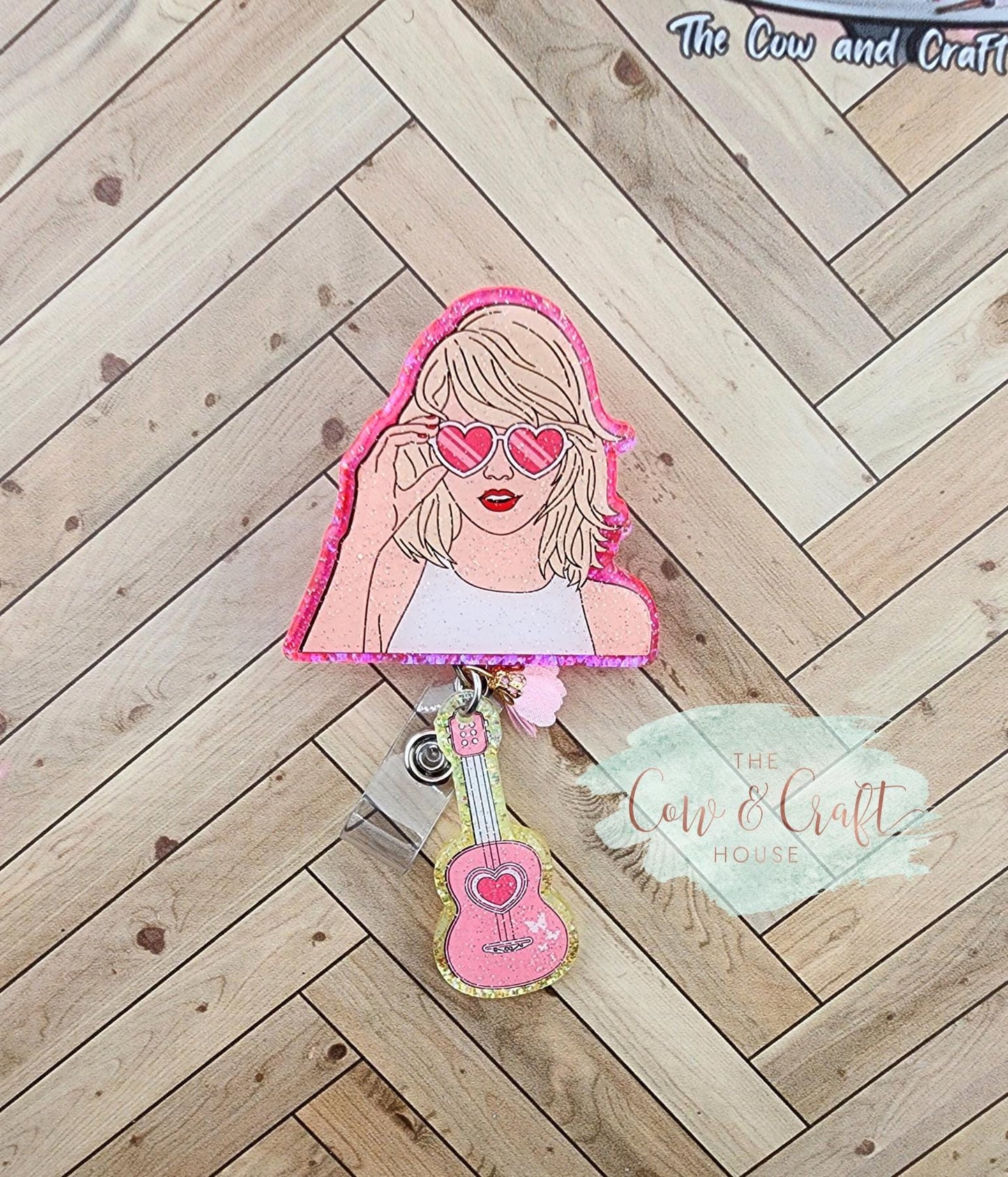 Pop Star Badge Reel | Pink Glitter, Yellow Guitar Charm