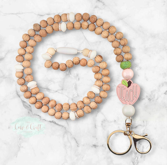 Beaded Teacher Lanyard | Wood Beads, Pink Apple, Breakaway Necklace