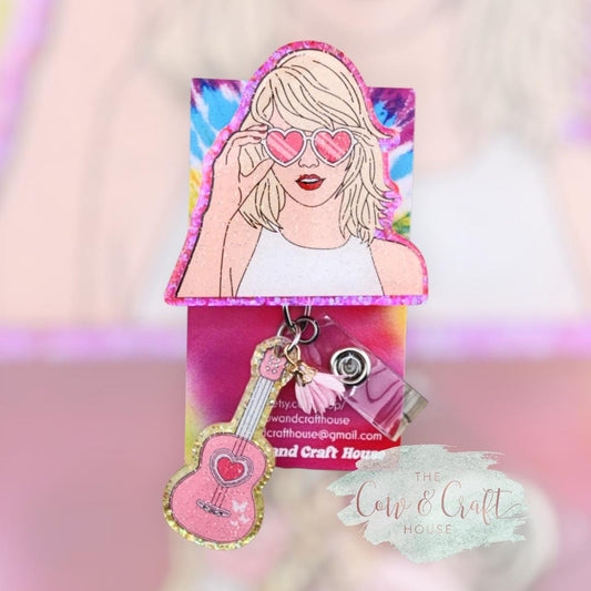 Pop Star Badge Reel | Pink Glitter, Yellow Guitar Charm