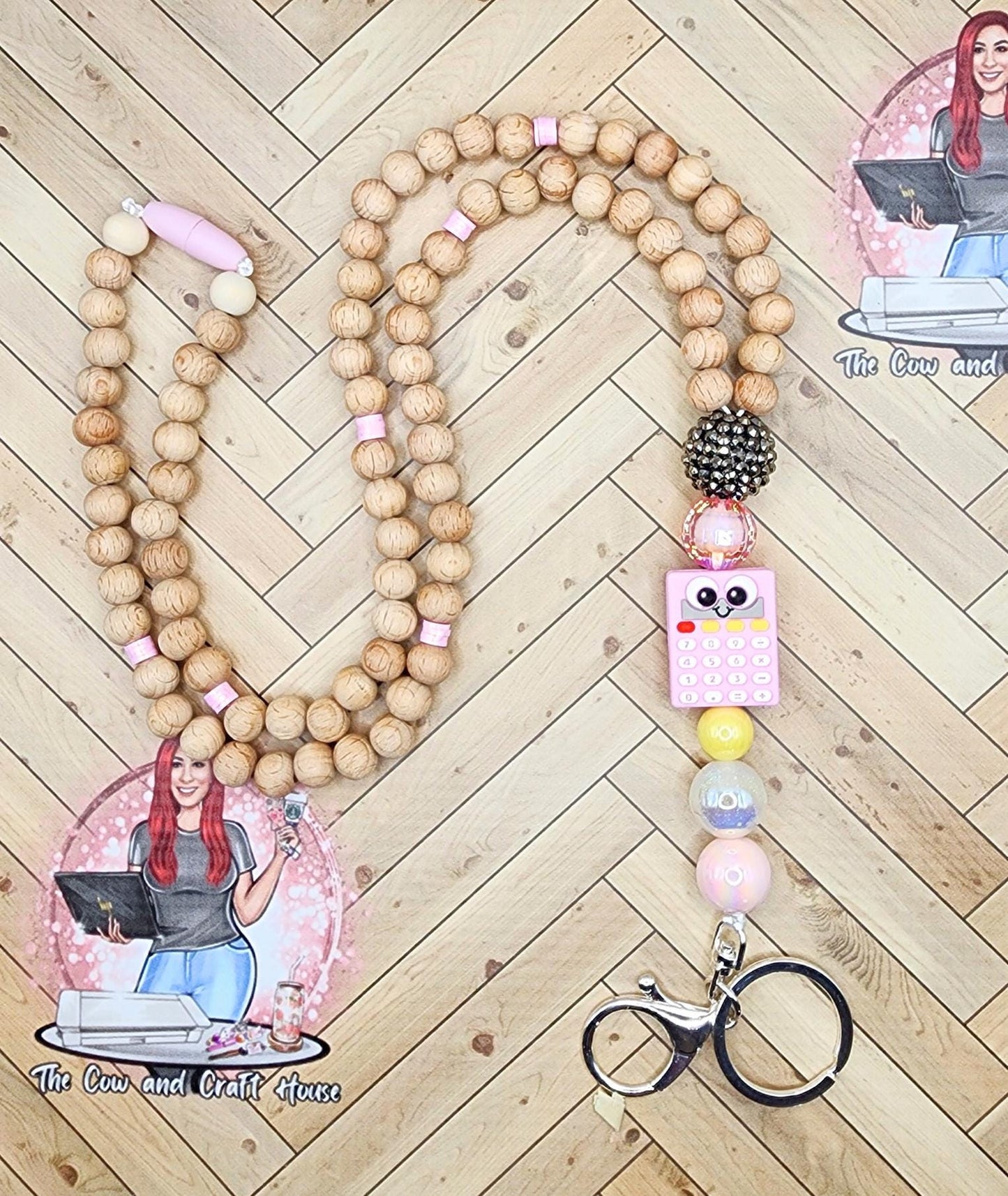 Teacher Lanyard • Wooden Beads, Pink Calculator • Breakaway ID Badge Holder