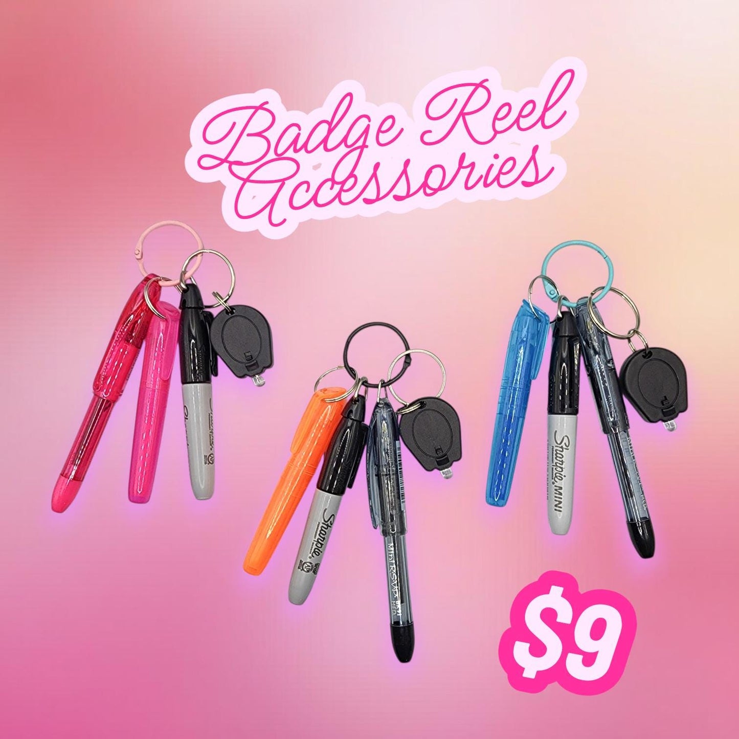 Mini Badge Reel Pen Set: Pentel, Sharpie & Highlighter