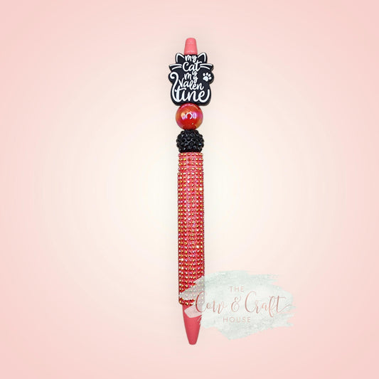 Cat Valentine Beaded Pen | Handmade Black Ink Twist Pen