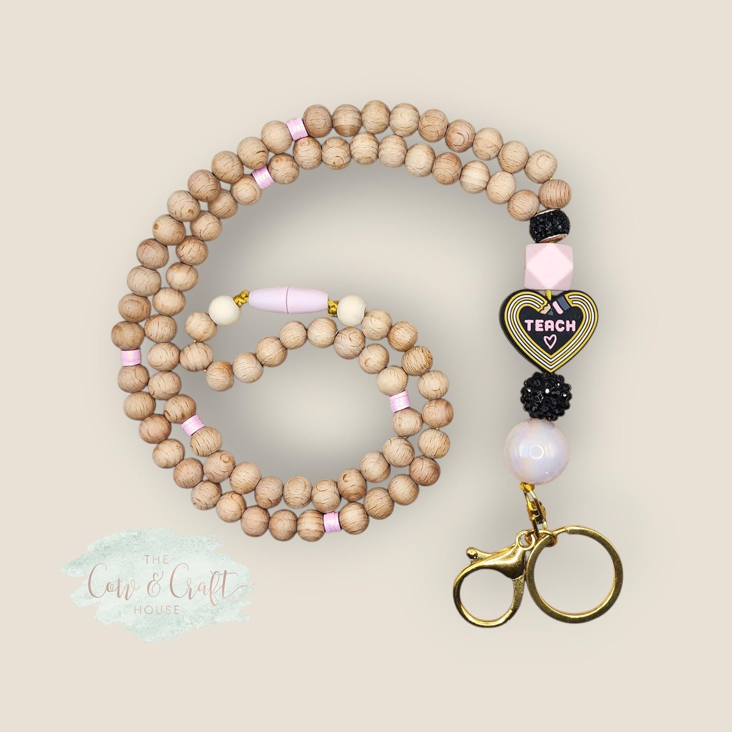 Beaded Teacher Lanyard | Wood Beads & Pencil 'Teach' Focal