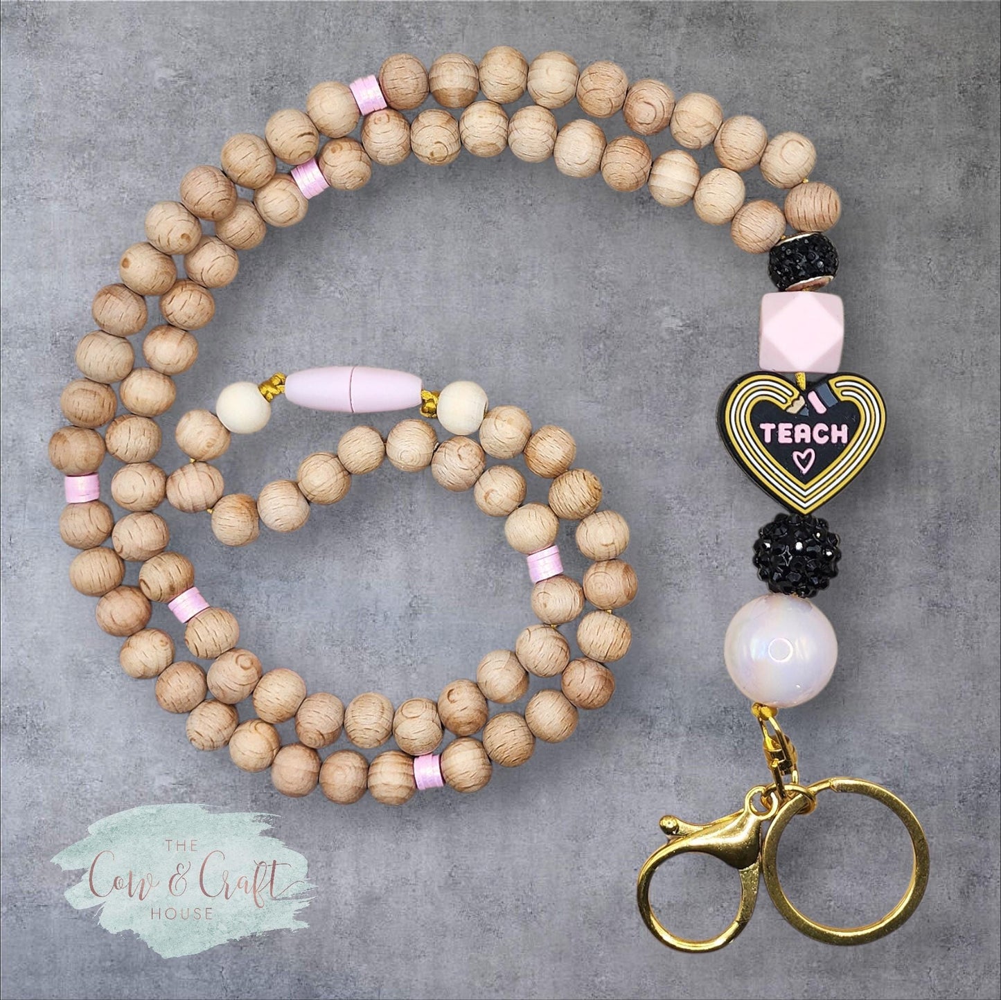 Beaded Teacher Lanyard | Wood Beads & Pencil 'Teach' Focal