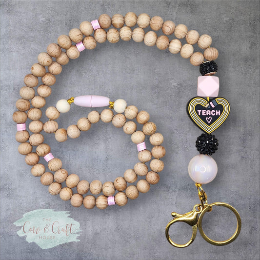 Beaded Teacher Lanyard | Wood Beads & Pencil 'Teach' Focal