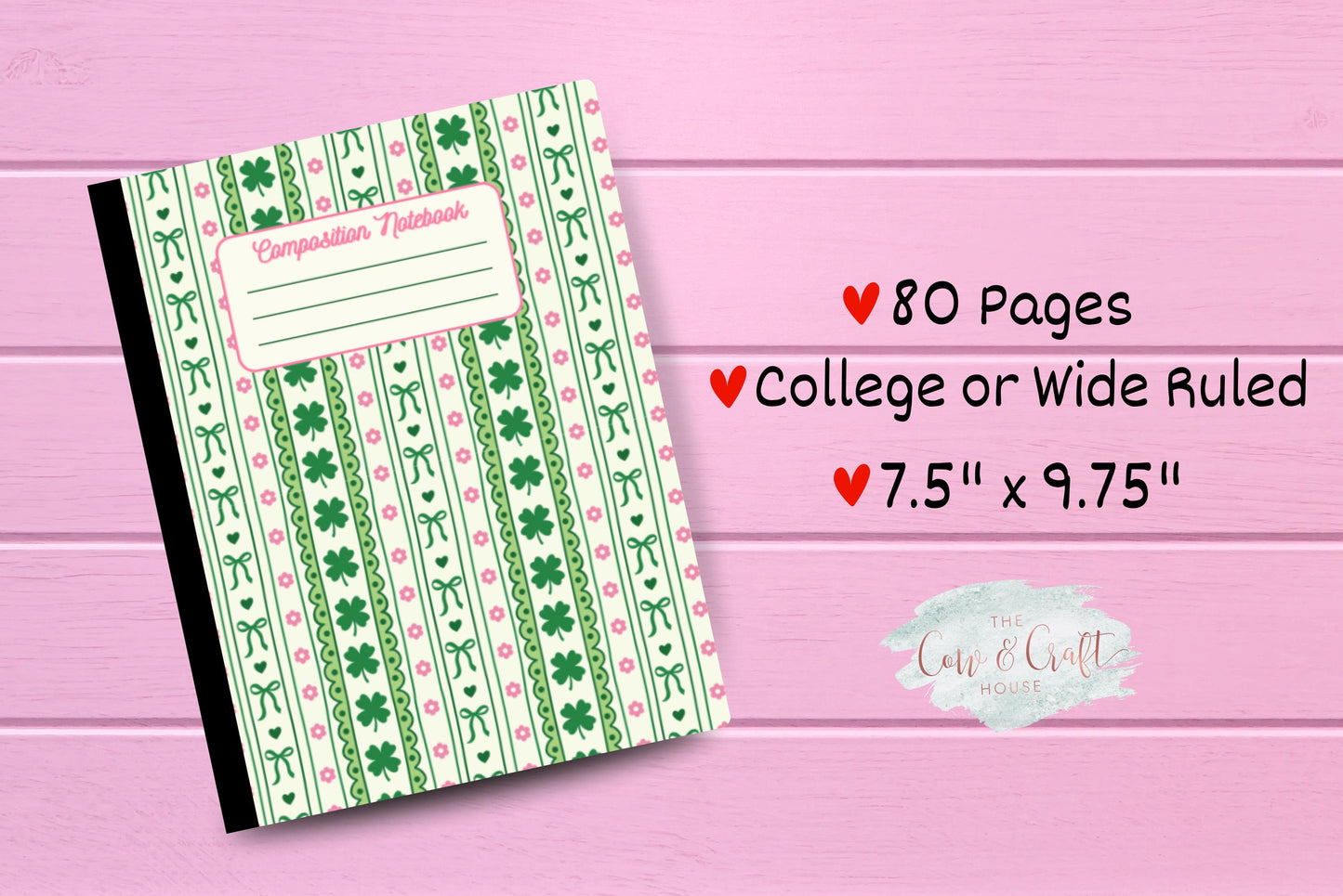 St Patrick's Day Coquette Journal, Green Bow Clover, Pink Floral