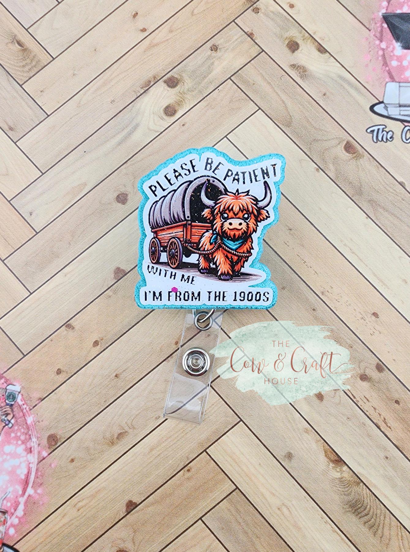 Funny Highland Cow Nurse Badge Reel – Turquoise Glitter Swivel ID Holder