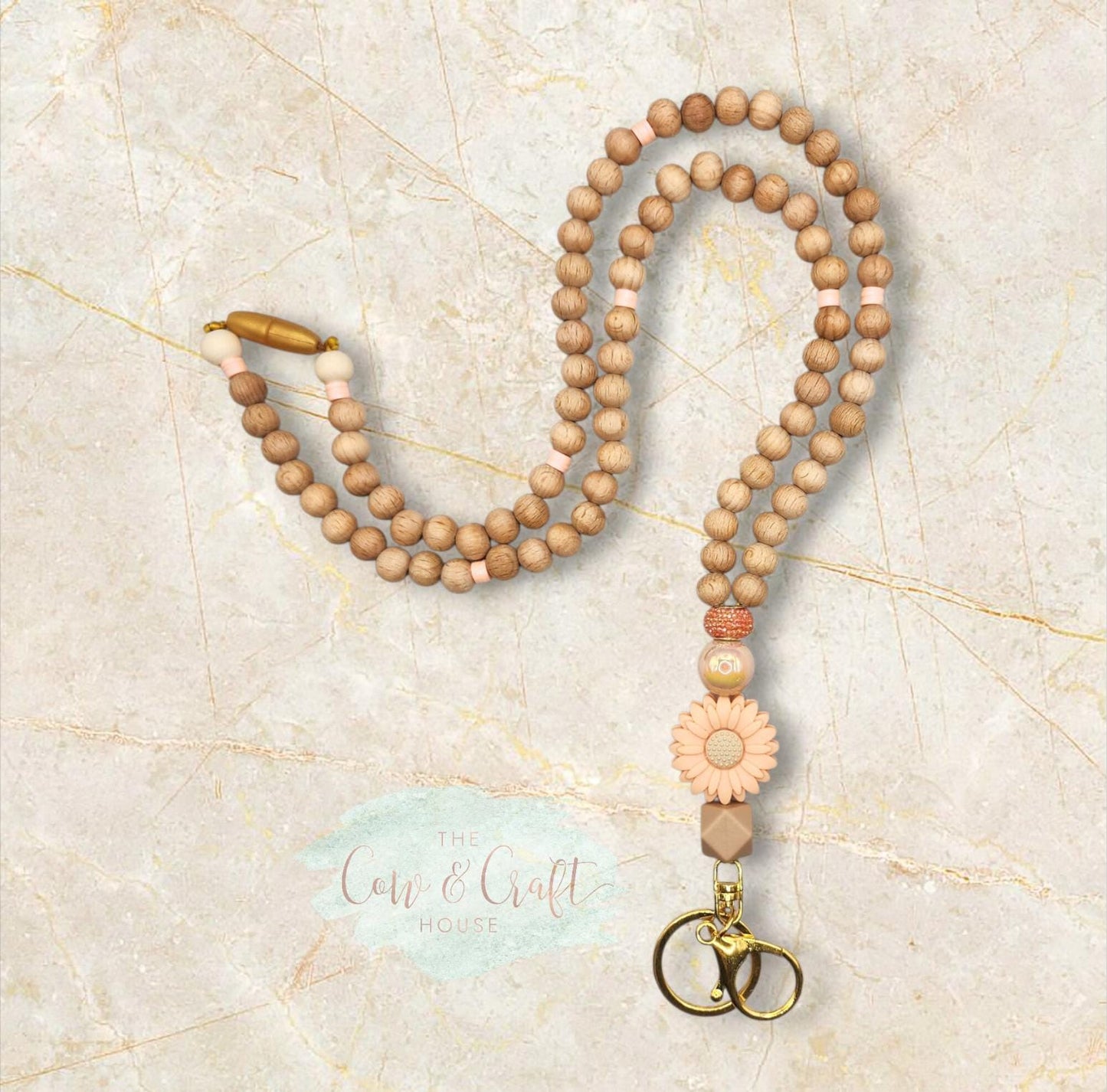 Peach Sunflower Teacher Lanyard: Breakaway ID Badge Holder with Keychain