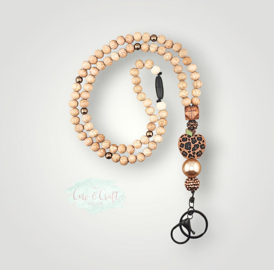 Leopard Heart Teacher Lanyard | Breakaway Wood Bead Lanyard | Cute Teacher Necklace | Classroom ID Holder Gift