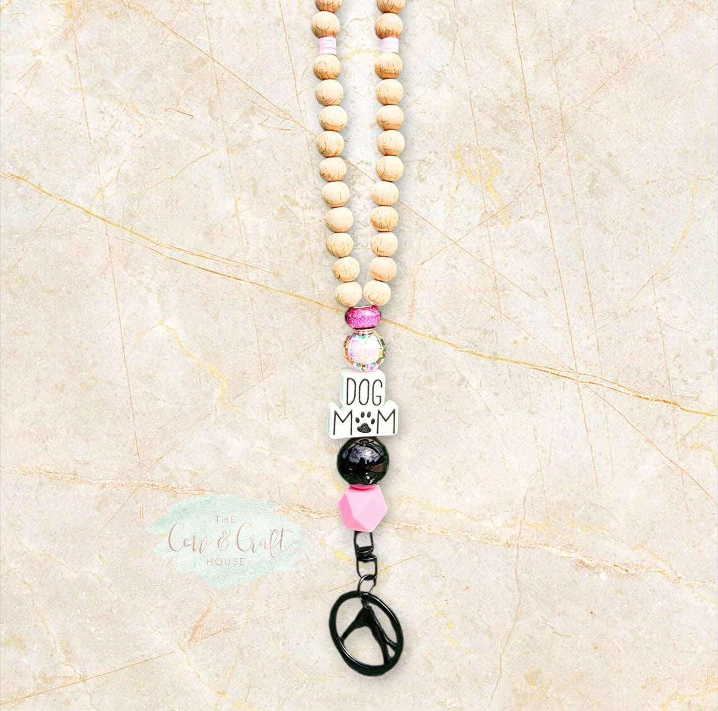Dog Mom Teacher Lanyard | Breakaway Beaded Lanyard | Black Pink Wood Beads | Classroom ID Holder Gift
