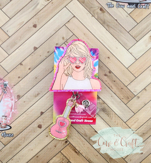 Pop Star Badge Reel | Pink Glitter, Yellow Guitar Charm