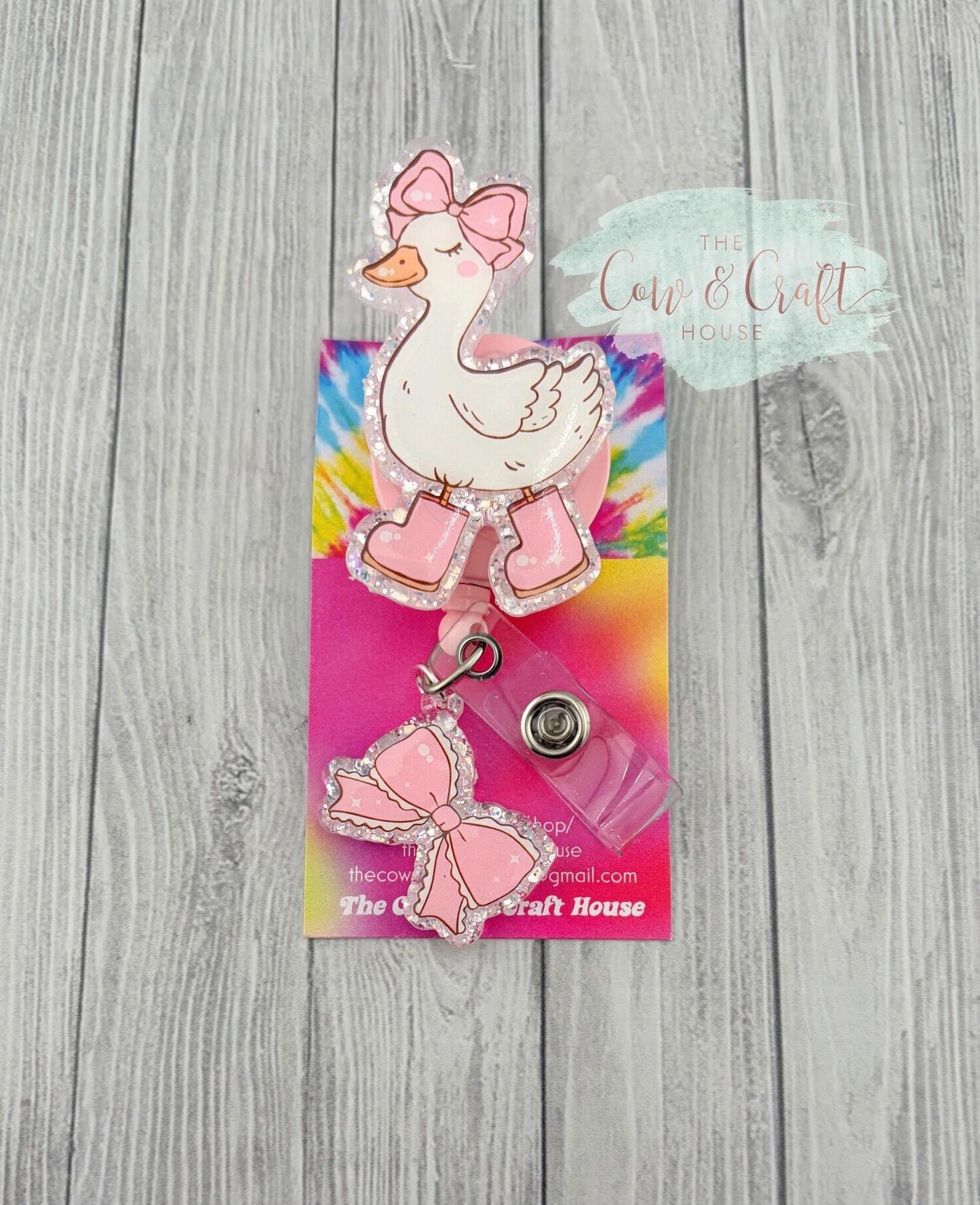 Cute Duck Badge Reel | Pink Rain Boots + Bow Charm | 34” Nylon Cord Swivel Clip | Nurse Badge Holder