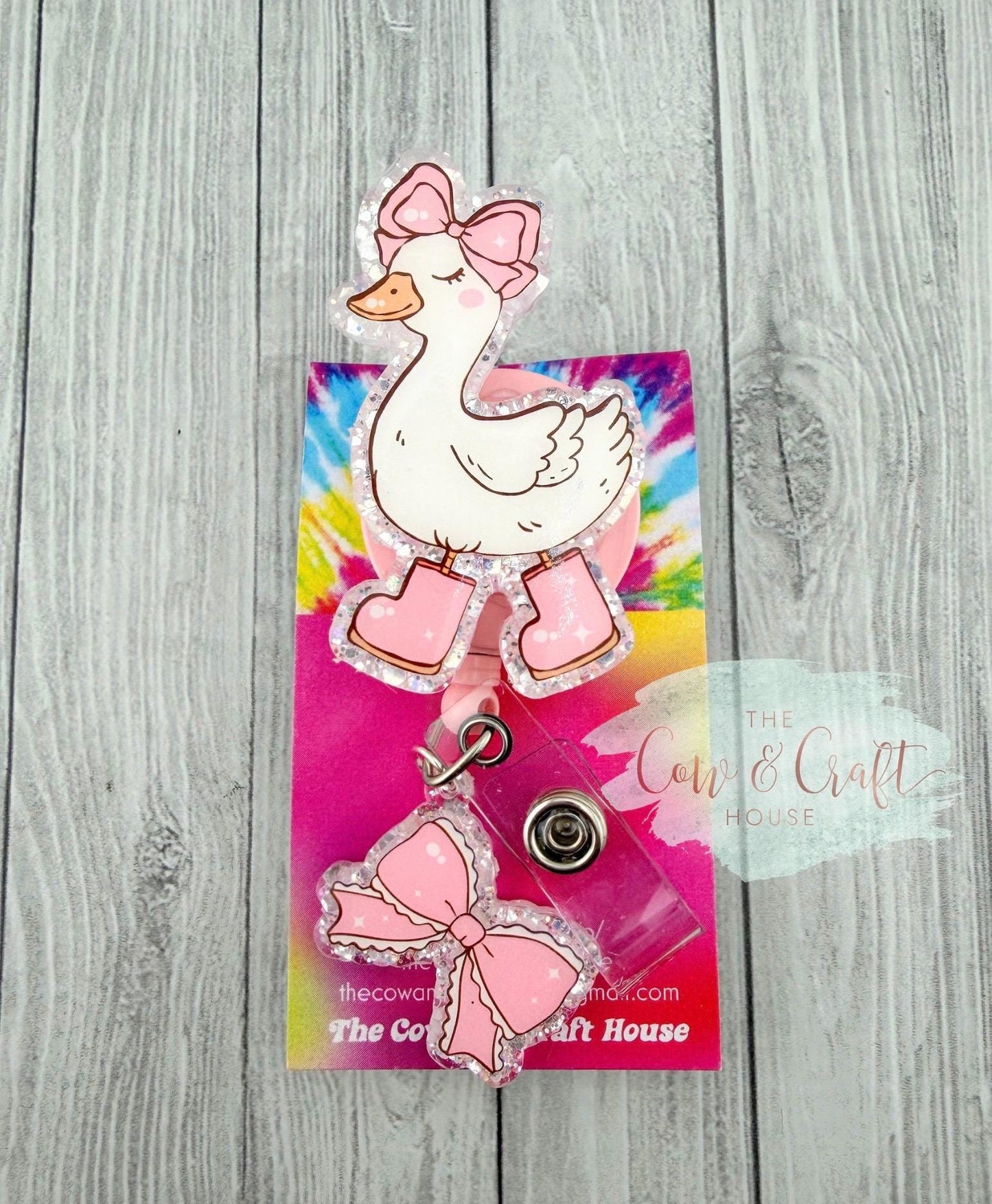 Cute Duck Badge Reel | Pink Rain Boots + Bow Charm | 34” Nylon Cord Swivel Clip | Nurse Badge Holder
