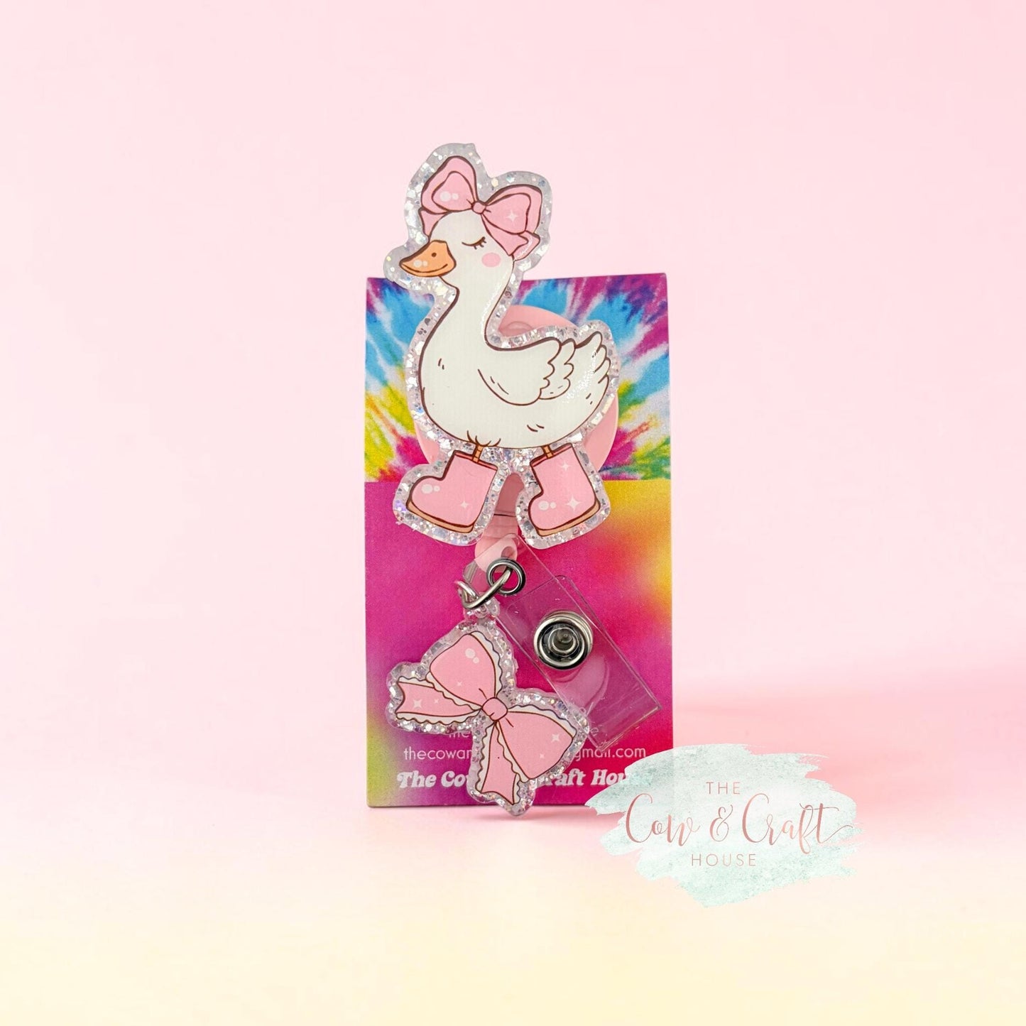Cute Duck Badge Reel | Pink Rain Boots + Bow Charm | 34” Nylon Cord Swivel Clip | Nurse Badge Holder