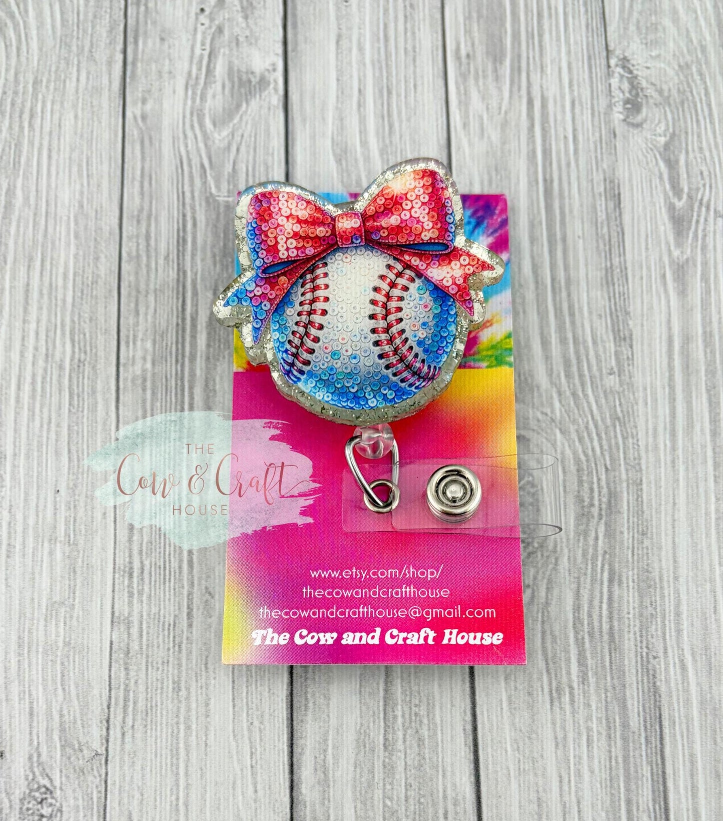 Baseball Bow Badge Reel| Glitter Background Swivel Clip | 34” Nylon Cord Nurse Badge Holder | Cute Healthcare ID Reel