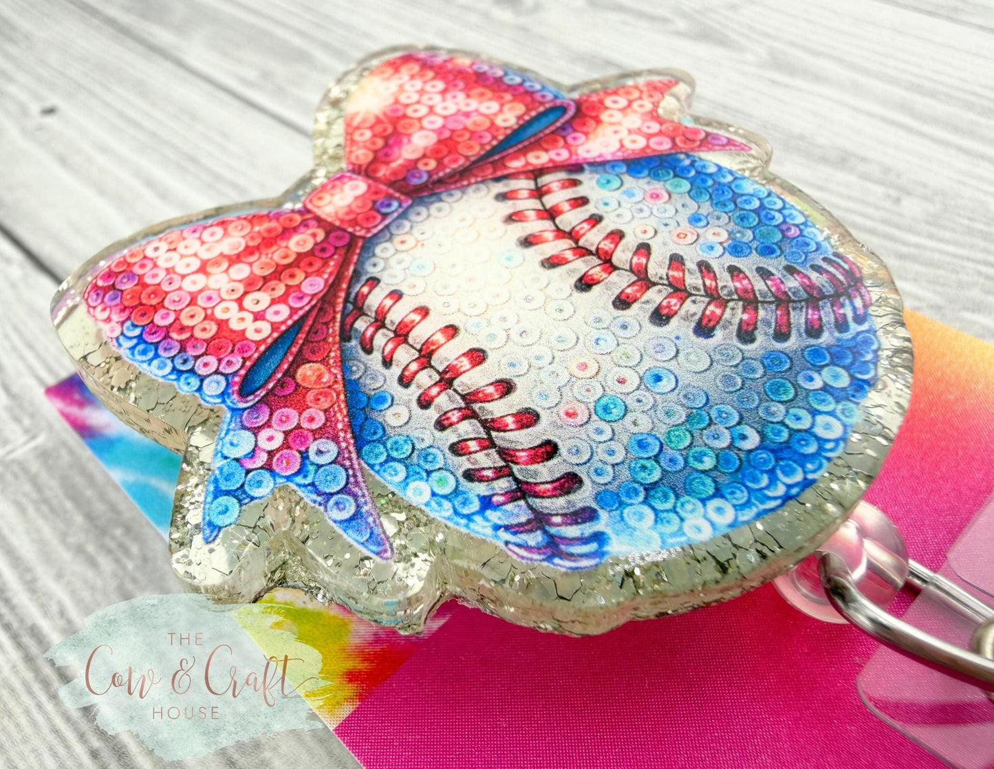Baseball Bow Badge Reel| Glitter Background Swivel Clip | 34” Nylon Cord Nurse Badge Holder | Cute Healthcare ID Reel