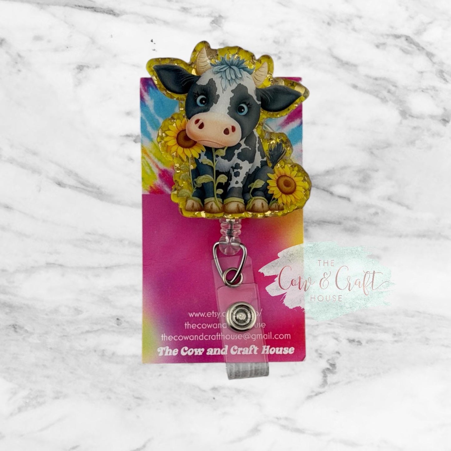 Cow Sunflower Badge Reel | Nurse Radiology Badge Reel | Swivel Clip 34” Nylon Cord | Cute Healthcare Gift