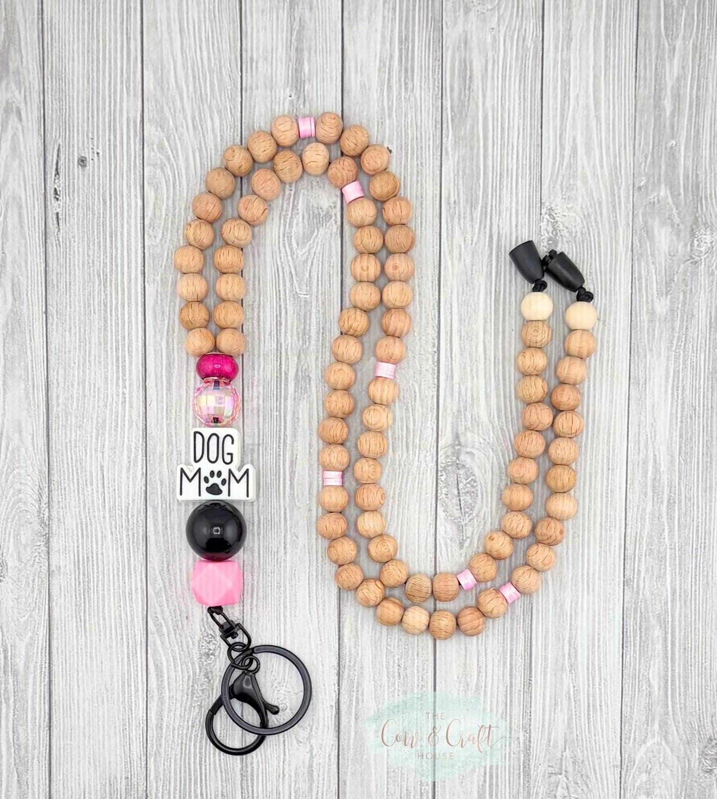 Dog Mom Teacher Lanyard | Breakaway Beaded Lanyard | Black Pink Wood Beads | Classroom ID Holder Gift