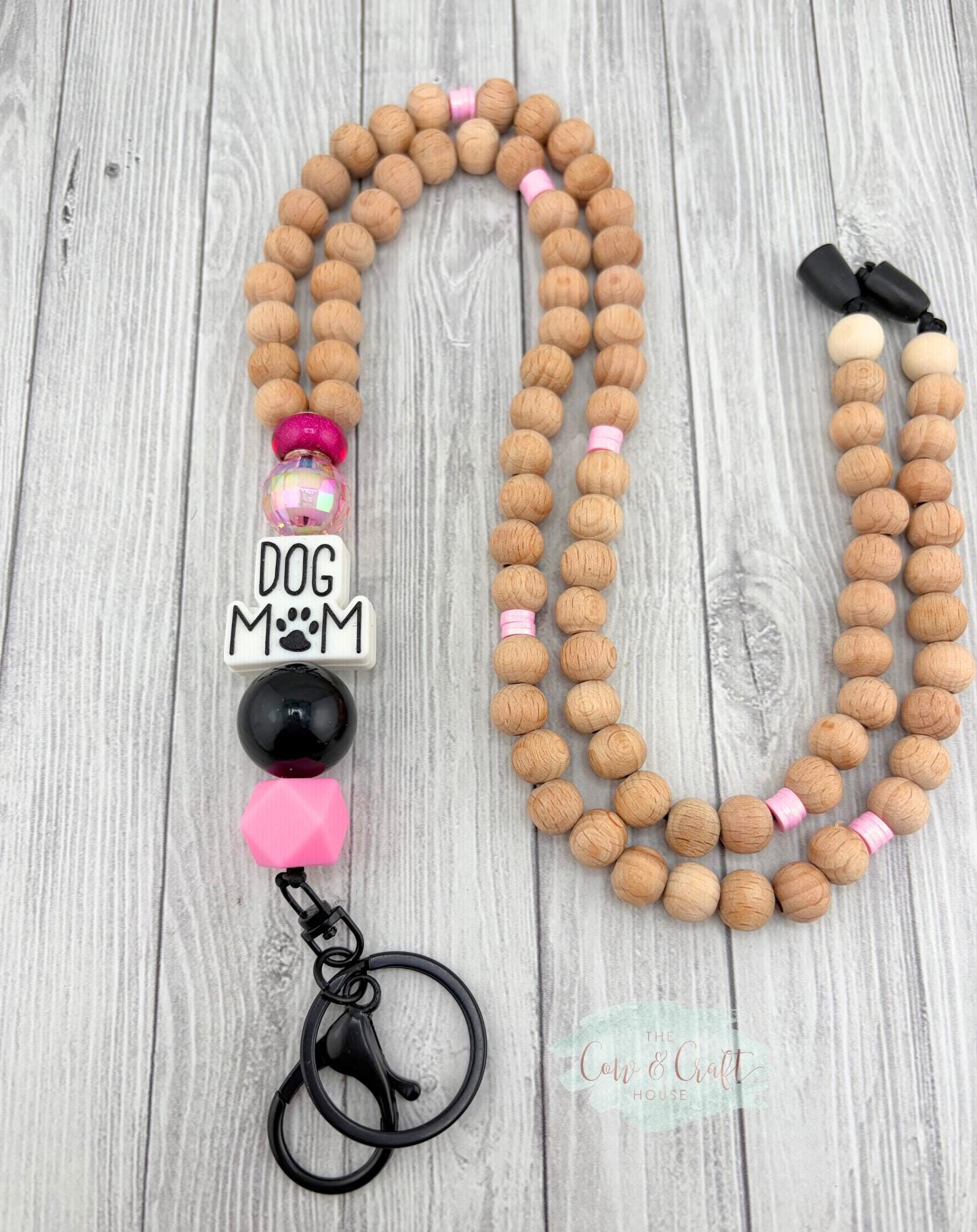 Dog Mom Teacher Lanyard | Breakaway Beaded Lanyard | Black Pink Wood Beads | Classroom ID Holder Gift