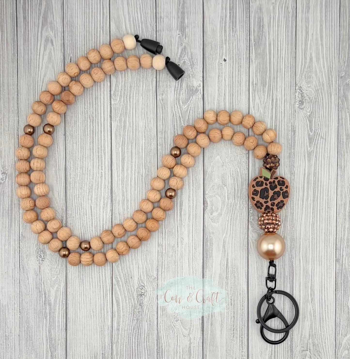 Leopard Heart Teacher Lanyard | Breakaway Wood Bead Lanyard | Cute Teacher Necklace | Classroom ID Holder Gift