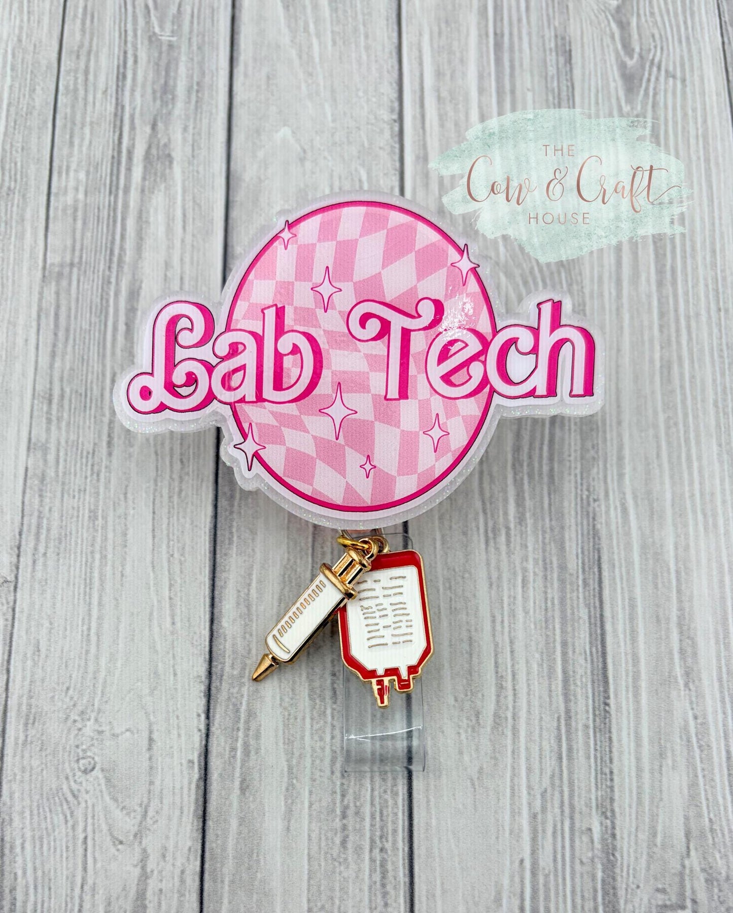 Lab Tech Badge Reel | Pink White Barbie Font | Swivel Clip 34” Nylon Cord | Cute Medical Badge Reel
