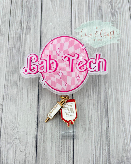 Lab Tech Badge Reel | Pink White Barbie Font | Swivel Clip 34” Nylon Cord | Cute Medical Badge Reel