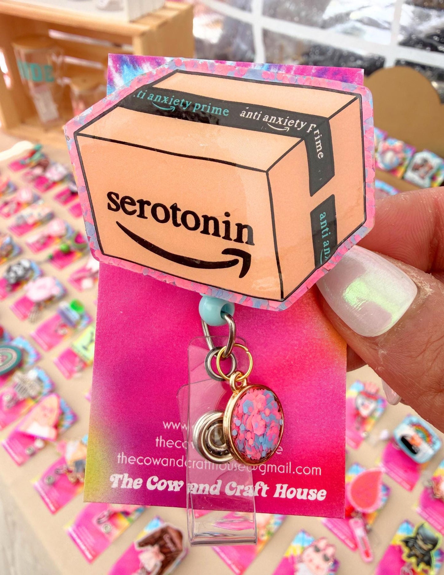 Serotonin” Amazon Box Badge Reel | Nurse Radiology CNA Badge Reel | Swivel Clip 34” Nylon Cord | Funny Medical Gift