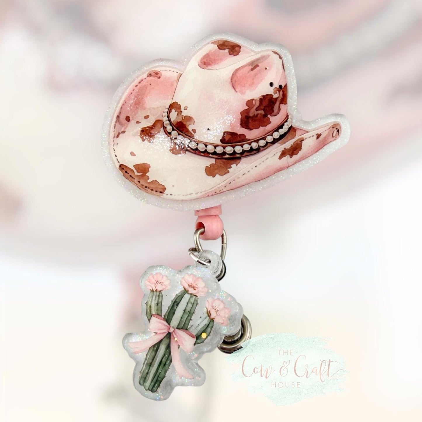 Cowgirl Hat Badge Reel | Cow Print Brown | Nurse CNA Radiology Badge Reel | Swivel Clip 34” Nylon Cord | Cactus Charm