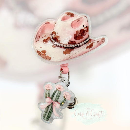Cowgirl Hat Badge Reel | Cow Print Brown | Nurse CNA Radiology Badge Reel | Swivel Clip 34” Nylon Cord | Cactus Charm