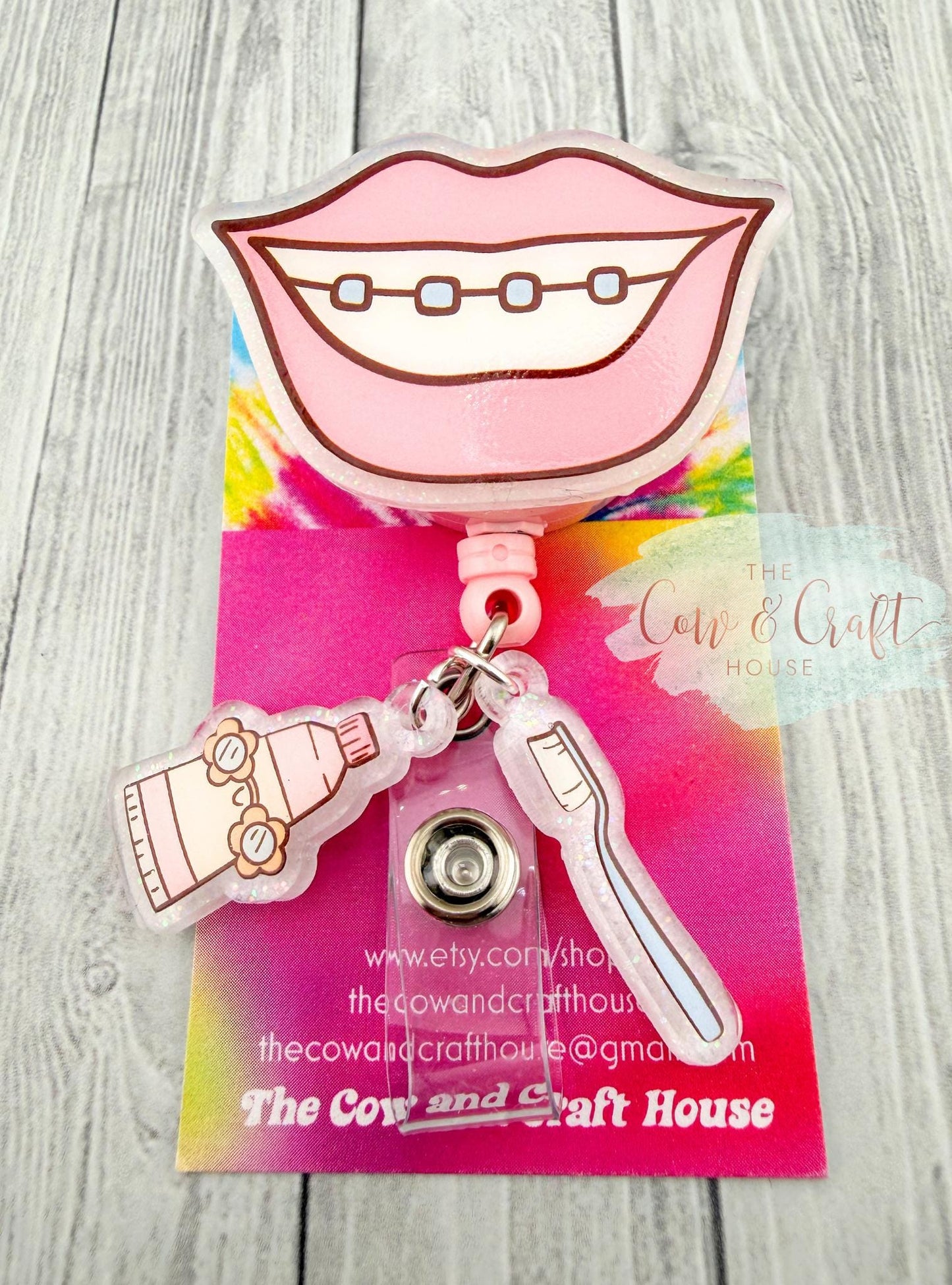 Dental Assistant Badge Reel Hygienist Badge Reel w/ Braces Smile, Toothbrush & Toothpaste Charms, 34” Nylon Cord Swivel Clip