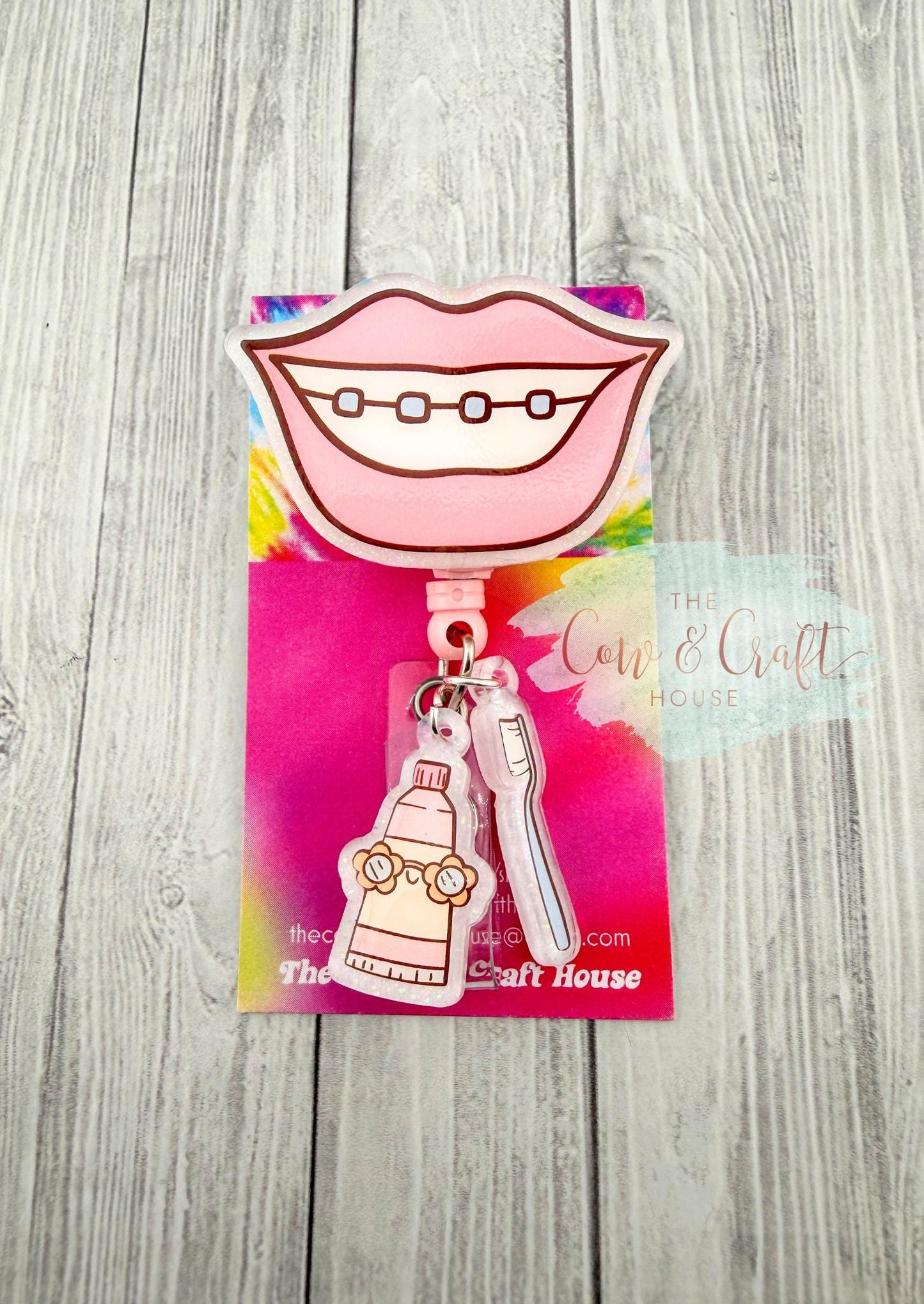 Dental Assistant Badge Reel Hygienist Badge Reel w/ Braces Smile, Toothbrush & Toothpaste Charms, 34” Nylon Cord Swivel Clip