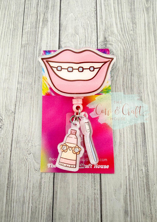 Dental Assistant Badge Reel Hygienist Badge Reel w/ Braces Smile, Toothbrush & Toothpaste Charms, 34” Nylon Cord Swivel Clip