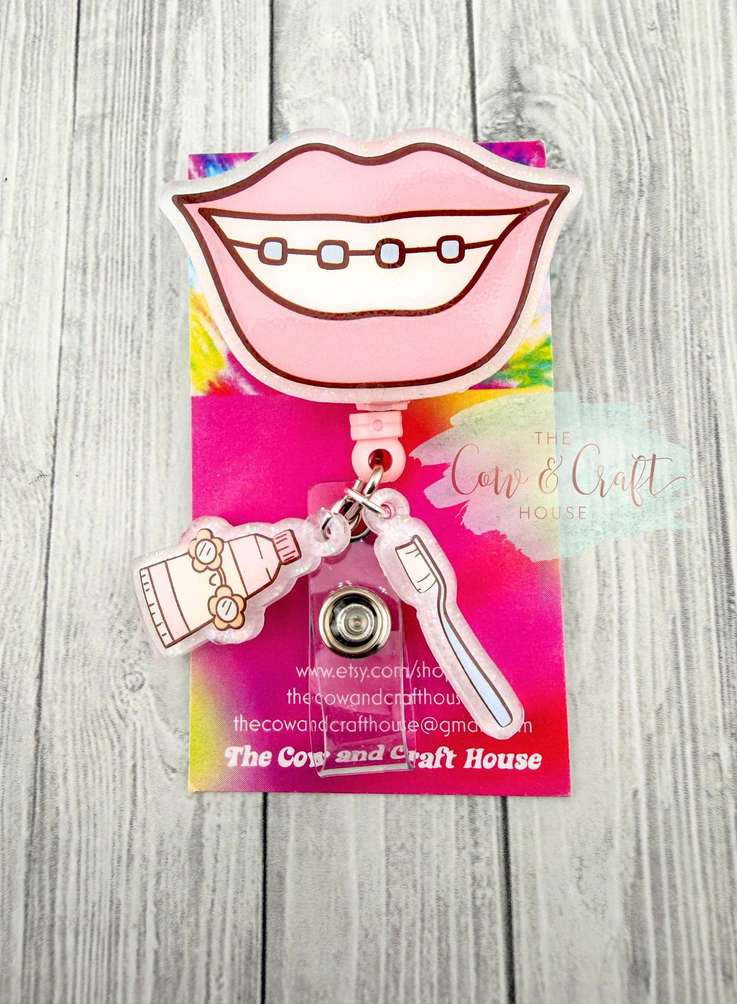 Dental Assistant Badge Reel Hygienist Badge Reel w/ Braces Smile, Toothbrush & Toothpaste Charms, 34” Nylon Cord Swivel Clip
