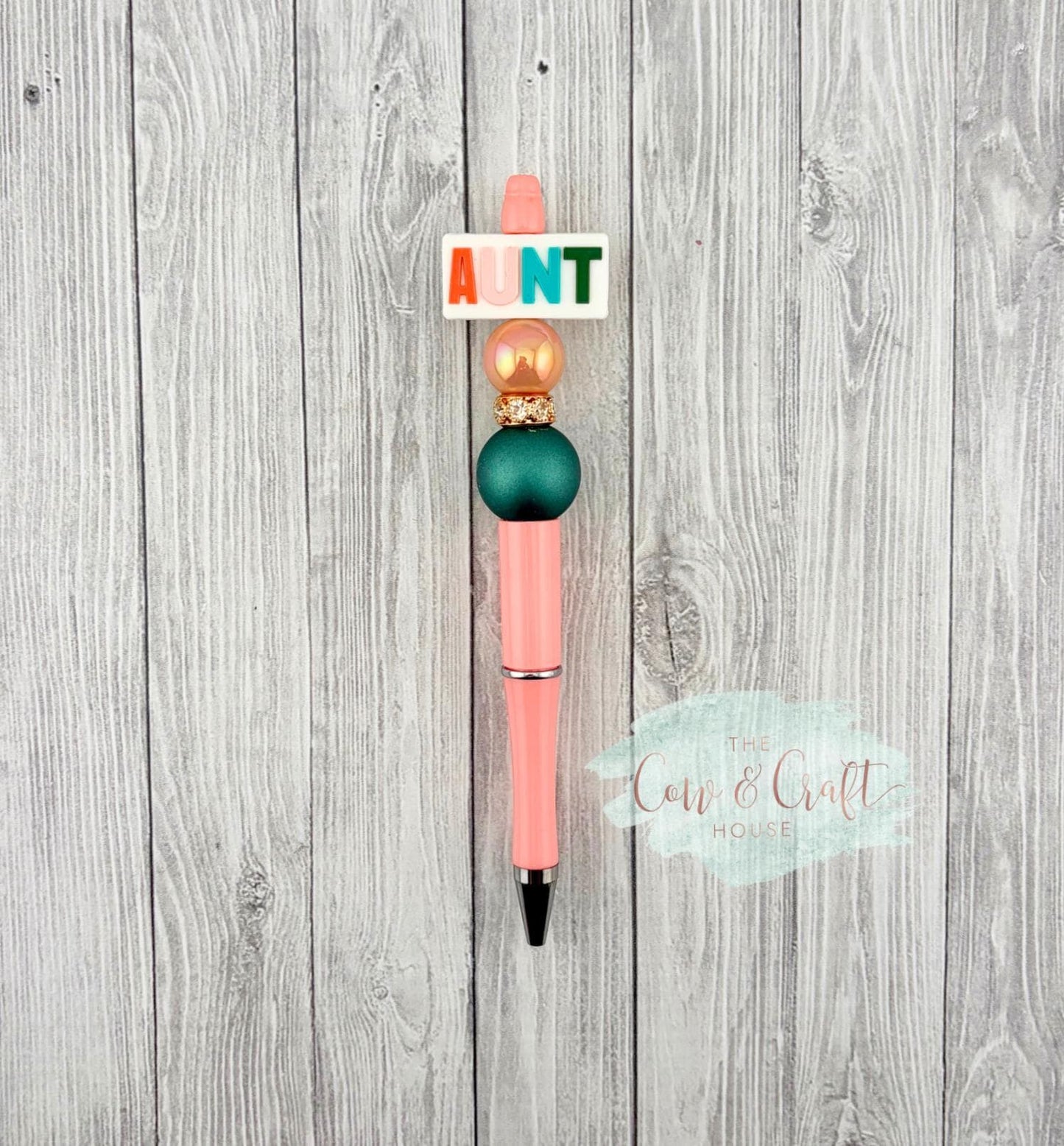 Peach Aunt Beaded Pen | Twist Black Ink Pen | Peach & Turquoise Pen | Cute Aunt Gift | AUNT Focal Pen