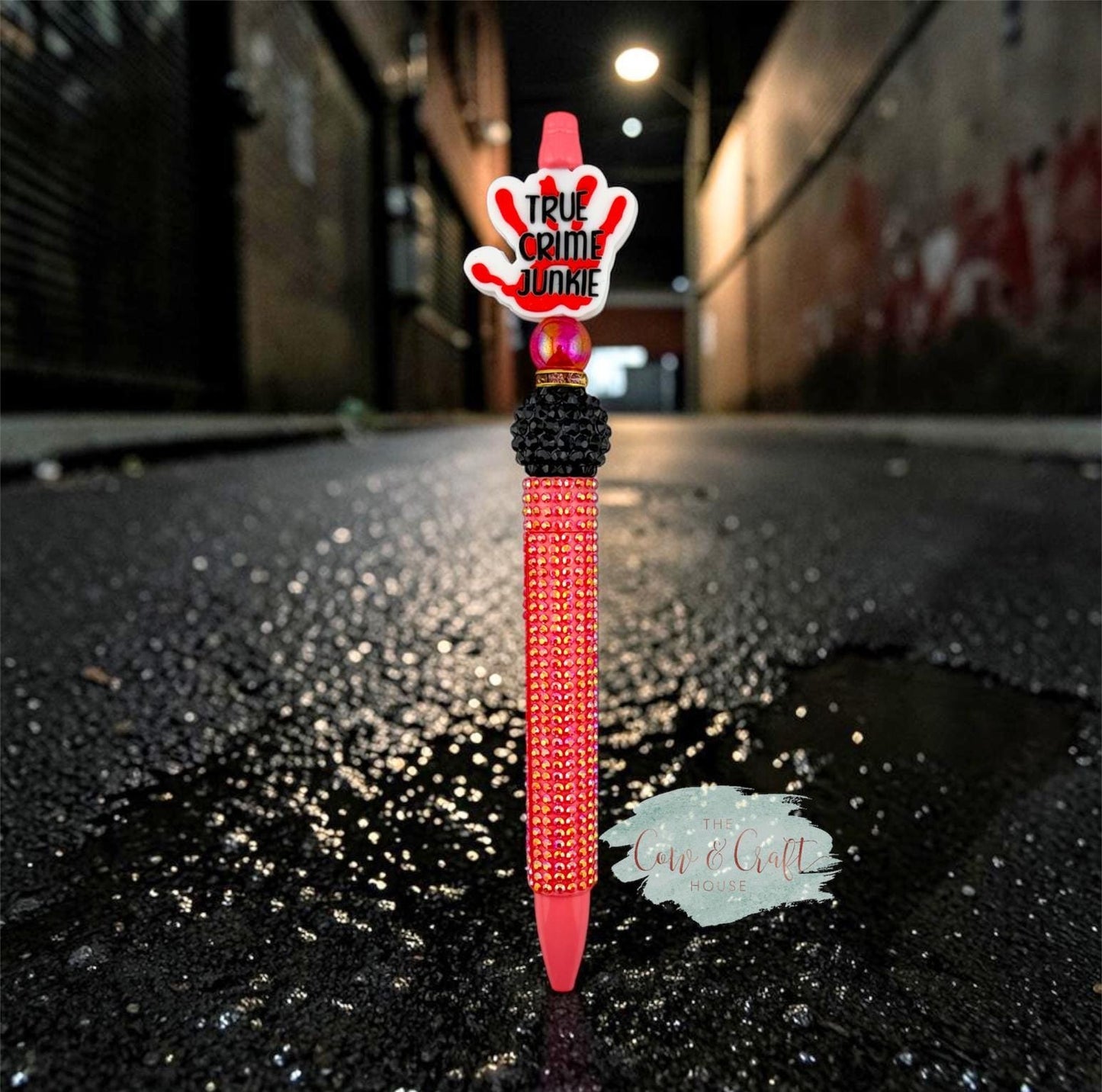 Red Sparkly Beaded Pen | Crime Scene Hand Pen | Twist Black Ink Pen | True Crime Gift | Cute Creepy Pen