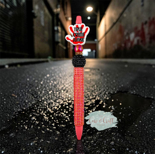 Red Sparkly Beaded Pen | Crime Scene Hand Pen | Twist Black Ink Pen | True Crime Gift | Cute Creepy Pen