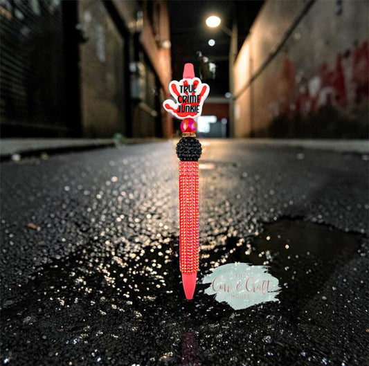 Red Sparkly Beaded Pen | Crime Scene Hand Pen | Twist Black Ink Pen | True Crime Gift | Cute Creepy Pen