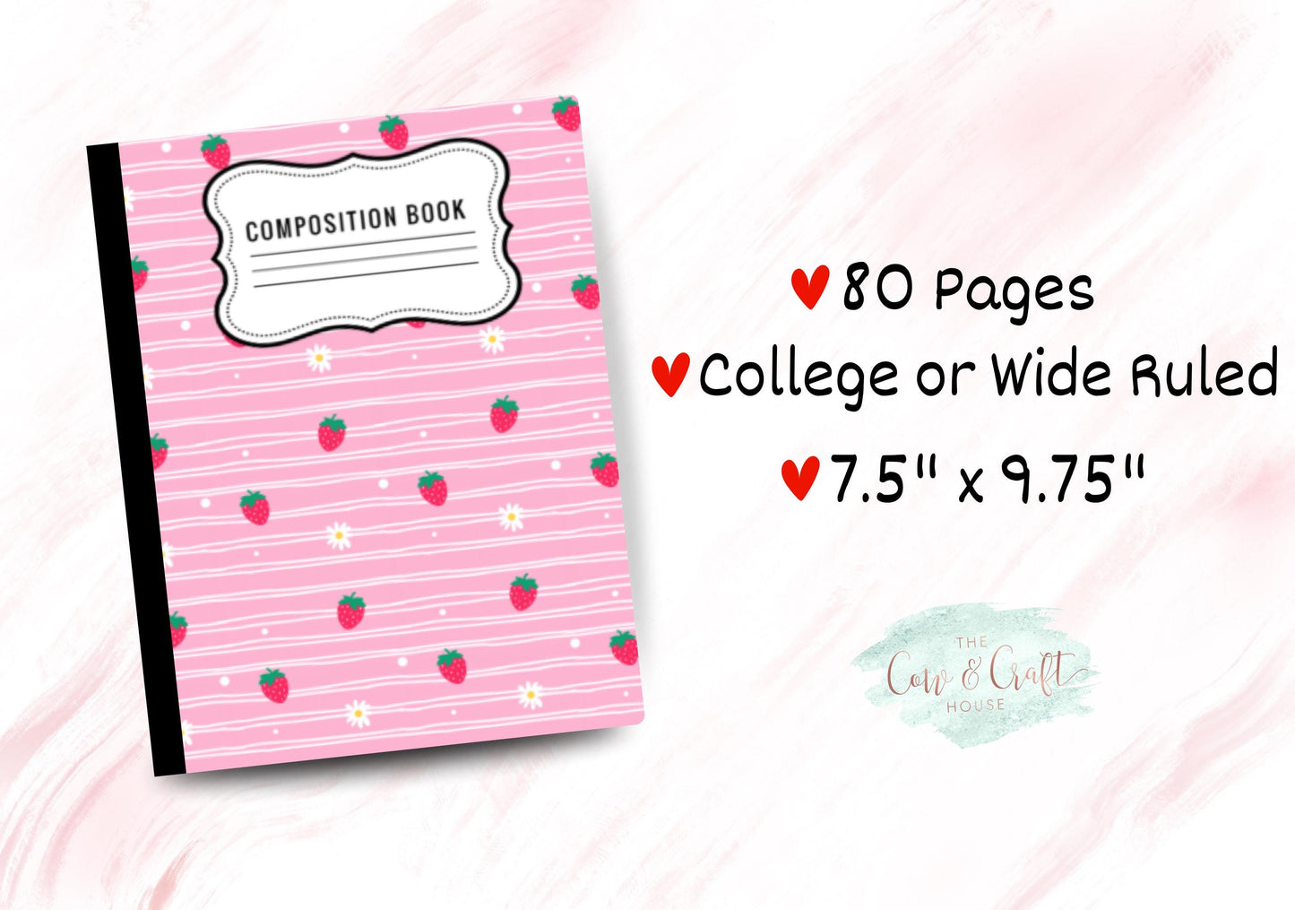 Pink Strawberry Daisy Notebook | Composition Notebook | College or Wide Ruled | Cute School Supplies