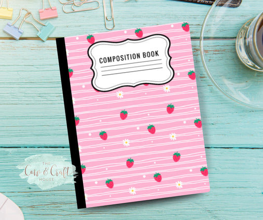 Pink Strawberry Daisy Notebook | Composition Notebook | College or Wide Ruled | Cute School Supplies