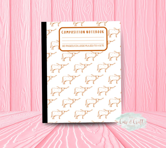 White Holographic Longhorns Notebook | Composition Notebook | College or Wide Ruled | Burnt Orange Longhorn Design