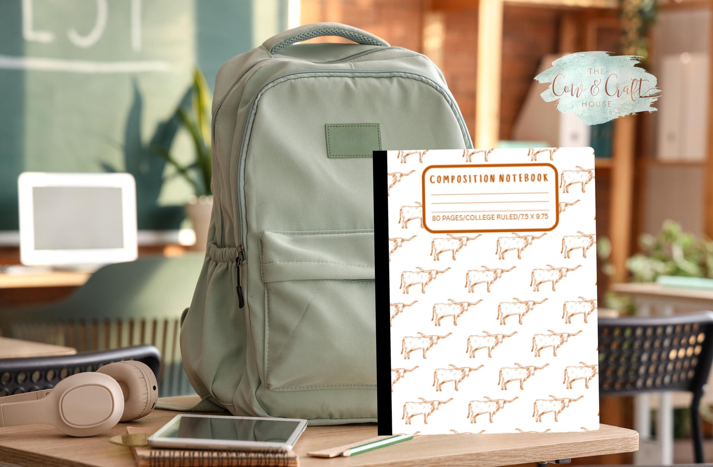 White Holographic Longhorns Notebook | Composition Notebook | College or Wide Ruled | Burnt Orange Longhorn Design