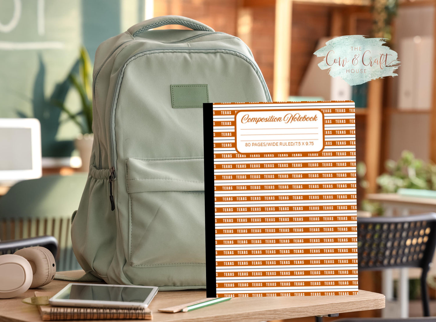 Holographic Texas Notebook | Composition Notebook | College or Wide Ruled | Burnt Orange Stripe “TEXAS” Design