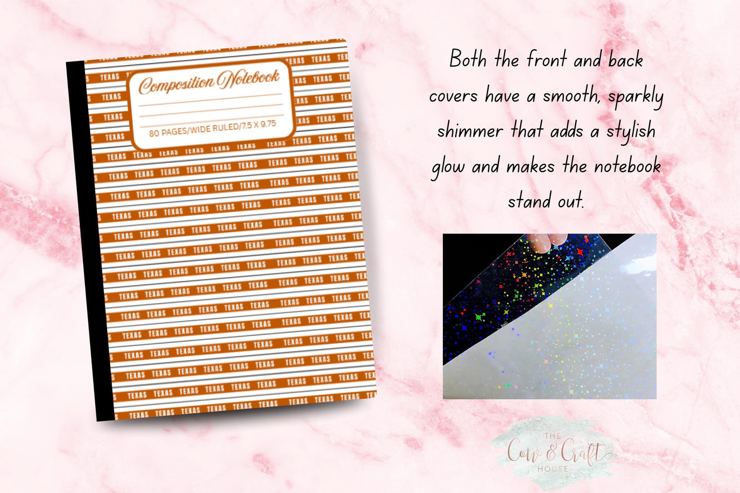 Holographic Texas Notebook | Composition Notebook | College or Wide Ruled | Burnt Orange Stripe “TEXAS” Design