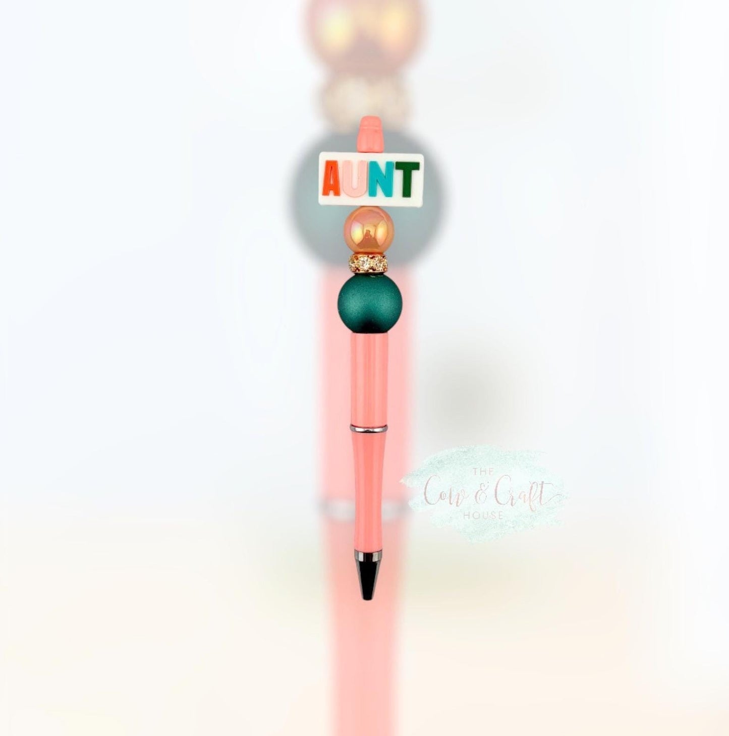 Peach Aunt Beaded Pen | Twist Black Ink Pen | Peach & Turquoise Pen | Cute Aunt Gift | AUNT Focal Pen