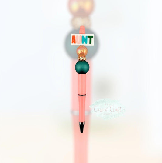 Peach Aunt Beaded Pen | Twist Black Ink Pen | Peach & Turquoise Pen | Cute Aunt Gift | AUNT Focal Pen
