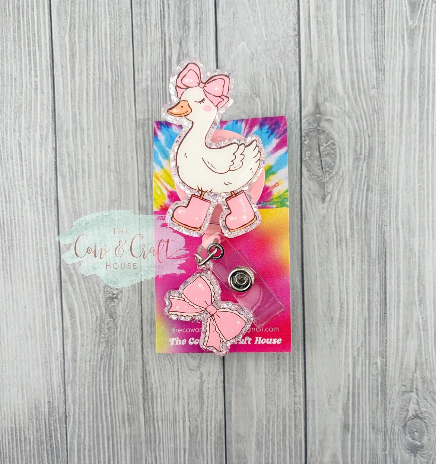 Cute Duck Badge Reel | Pink Rain Boots + Bow Charm | 34” Nylon Cord Swivel Clip | Nurse Badge Holder