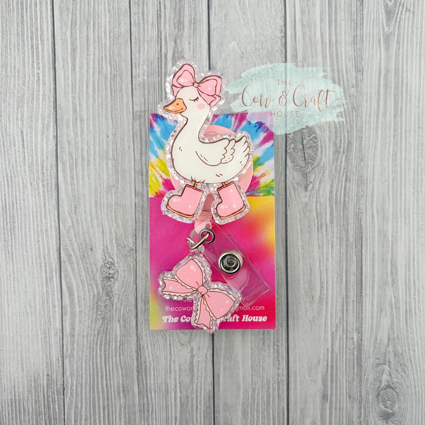 Cute Duck Badge Reel | Pink Rain Boots + Bow Charm | 34” Nylon Cord Swivel Clip | Nurse Badge Holder