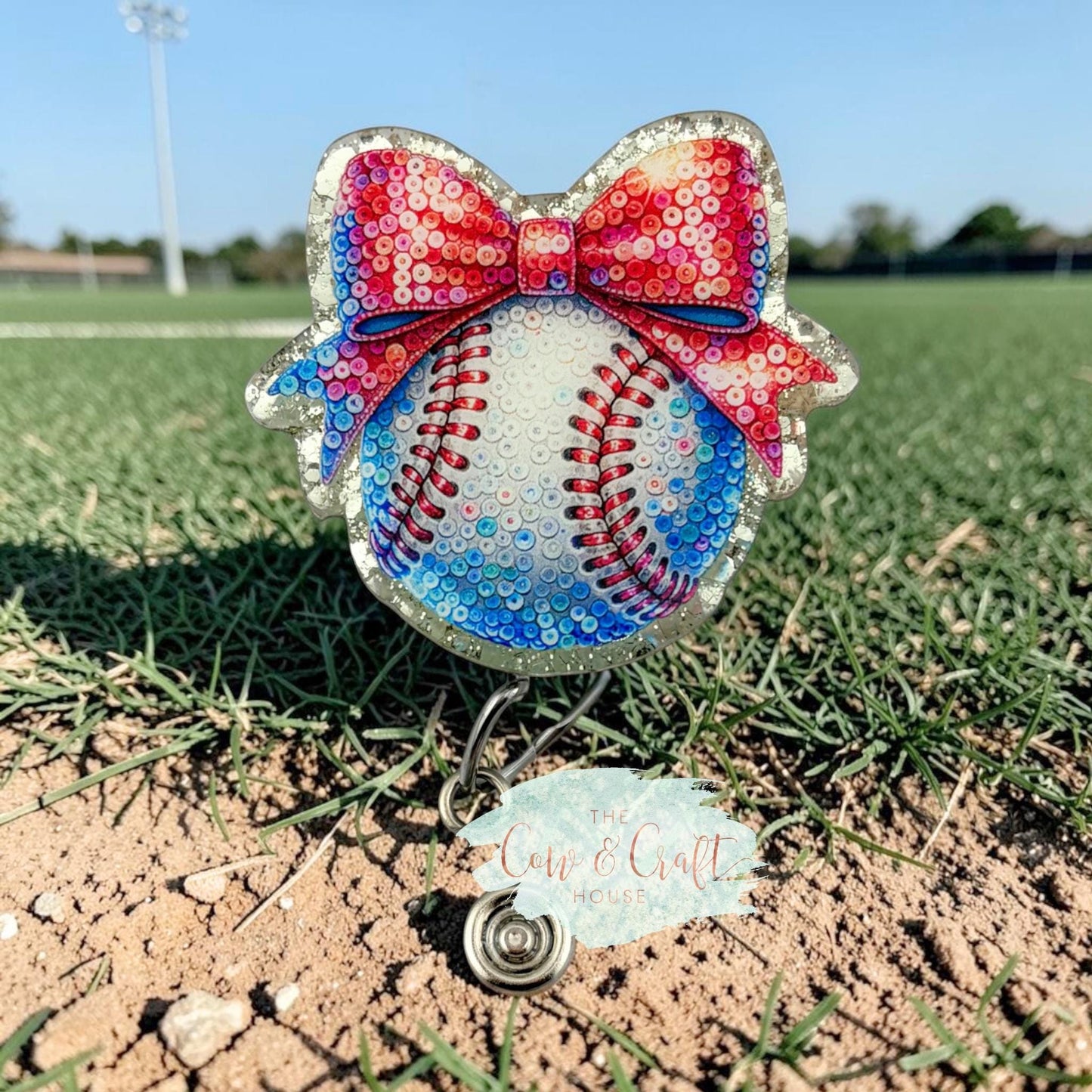 Baseball Bow Badge Reel| Glitter Background Swivel Clip | 34” Nylon Cord Nurse Badge Holder | Cute Healthcare ID Reel